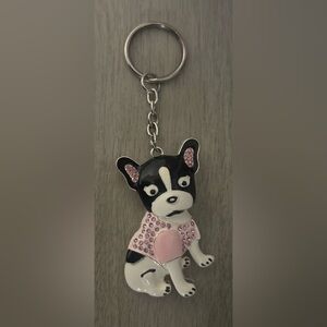 Vintage French Bulldog pink crystal Keychain. Preowned.